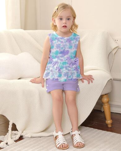 YUEMION Toddler Girl Clothes, 2Pcs Baby Girl Summer Outfits Sleeveless Bow Knot Tank Shirts Tops + Shorts Clothing Sets 1-5T in Kuwait