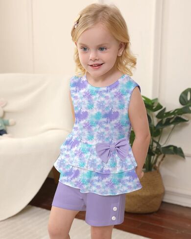 YUEMION Toddler Girl Clothes, 2Pcs Baby Girl Summer Outfits Sleeveless Bow Knot Tank Shirts Tops + Shorts Clothing Sets 1-5T in Kuwait