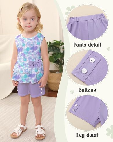 YUEMION Toddler Girl Clothes, 2Pcs Baby Girl Summer Outfits Sleeveless Bow Knot Tank Shirts Tops + Shorts Clothing Sets 1-5T in Kuwait