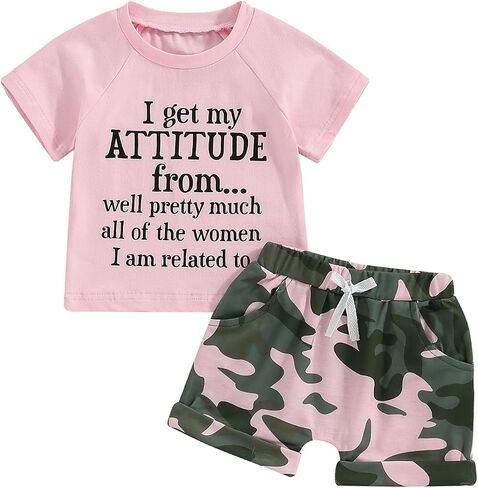 Fernvia Toddler Girls Clothes 1T 2T 3T 4T 5T Summer Outfits Baby Kids Short Sleeve T-Shirt Tops & Camouflage Shorts Sets in Kuwait
