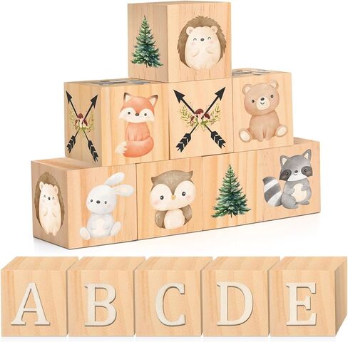 Custom Woodland Animals Wooden Name Sign, 8 Woodland Animals Block with 78 Wooden Letter Nursery Name Wooden Cubes for Nursery Shower Baby Shower Name Alphabet Wood Signs in Kuwait
