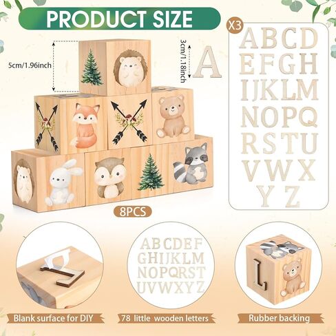 Custom Woodland Animals Wooden Name Sign, 8 Woodland Animals Block with 78 Wooden Letter Nursery Name Wooden Cubes for Nursery Shower Baby Shower Name Alphabet Wood Signs in Kuwait