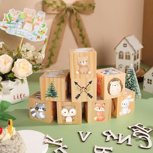Custom Woodland Animals Wooden Name Sign, 8 Woodland Animals Block with 78 Wooden Letter Nursery Name Wooden Cubes for Nursery Shower Baby Shower Name Alphabet Wood Signs in Kuwait