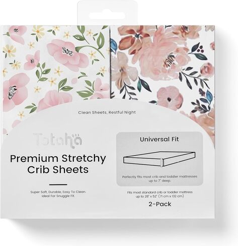 TotAha Premium Stretchy Crib Sheets (2-Pack)-Hypoallergenic, Silky Comfort, Buttery Soft, Calming Effect, All-Season Jersey-Knit Sheets, 9'' Extra Deep Pocket(Meredith Allover Floral & Pale Pink) in Saudi Arabia
