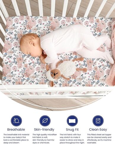 TotAha Premium Stretchy Crib Sheets (2-Pack)-Hypoallergenic, Silky Comfort, Buttery Soft, Calming Effect, All-Season Jersey-Knit Sheets, 9'' Extra Deep Pocket(Meredith Allover Floral & Pale Pink) in Saudi Arabia