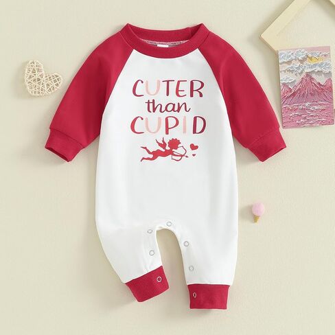 Karuedoo حديثي الولادة Baby Boy Girl Valentines Day Outfit Heart Embroidery Long Romper Phemsuit Bodysuit One Point in Kuwait