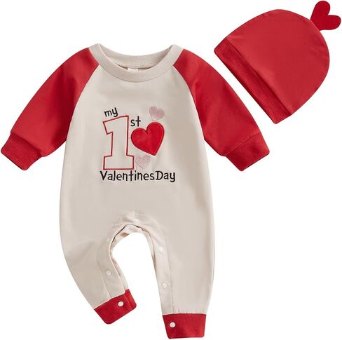 Karuedoo حديثي الولادة Baby Boy Girl Valentines Day Outfit Heart Embroidery Long Romper Phemsuit Bodysuit One Point in Kuwait