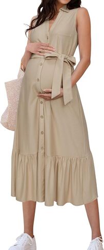 OUGES Womens 2025 Spring Maternity Dress Polo V Neck Sleeveless Ruffle Button Pregnancy Casual Work Dress with Pockets in Saudi Arabia