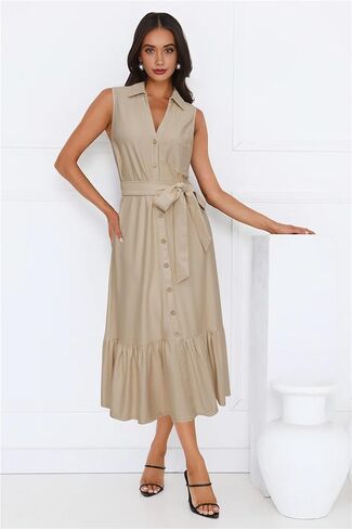 OUGES Womens 2025 Spring Maternity Dress Polo V Neck Sleeveless Ruffle Button Pregnancy Casual Work Dress with Pockets in Saudi Arabia