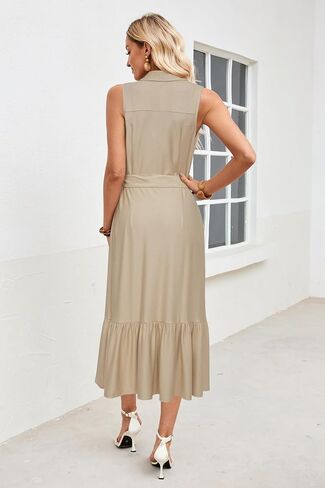 OUGES Womens 2025 Spring Maternity Dress Polo V Neck Sleeveless Ruffle Button Pregnancy Casual Work Dress with Pockets in Saudi Arabia