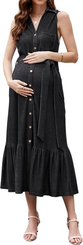 OUGES Womens 2025 Spring Maternity Dress Polo V Neck Sleeveless Ruffle Button Pregnancy Casual Work Dress with Pockets in Saudi Arabia