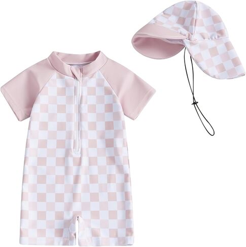 Baby Boy Girl Swimsuit Toddler Checkered Print Half Zip One Piece Bathing Suit Swimsuit Rash Guard Surfing Suit Hat in Saudi Arabia