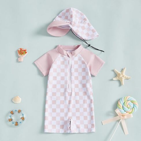 Baby Boy Girl Swimsuit Toddler Checkered Print Half Zip One Piece Bathing Suit Swimsuit Rash Guard Surfing Suit Hat in Saudi Arabia
