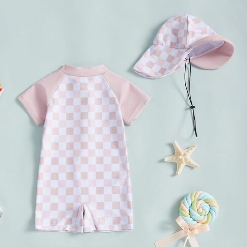 Baby Boy Girl Swimsuit Toddler Checkered Print Half Zip One Piece Bathing Suit Swimsuit Rash Guard Surfing Suit Hat in Saudi Arabia