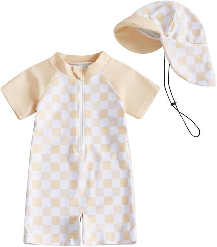 Baby Boy Girl Swimsuit Toddler Checkered Print Half Zip One Piece Bathing Suit Swimsuit Rash Guard Surfing Suit Hat in Saudi Arabia