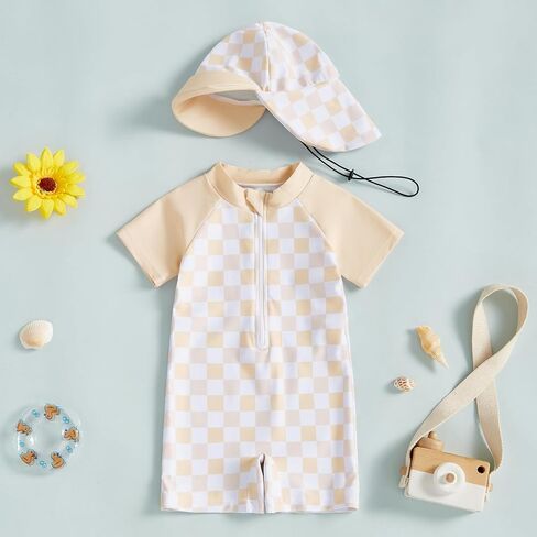 Baby Boy Girl Swimsuit Toddler Checkered Print Half Zip One Piece Bathing Suit Swimsuit Rash Guard Surfing Suit Hat in Saudi Arabia