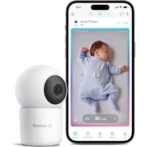 Sense-U AI 2K PTZ Baby Camera Monitor with Sensor-Free Sleep Breathing Movement Detection, Smart Security Indoor Video Camera with Background Audio, Cry Detection, No Monthly Fee, for Peace of Mind