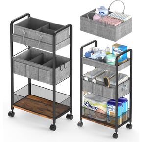 2In1 Baby Diaper Caddy & 3-Tier Rolling Diaper Cart, Diaper Caddy Organizer Cart with Dividers, Mobile Metal Utility Cart for Nursery Essentials, Detachable Bedside Cart, Large Capacity