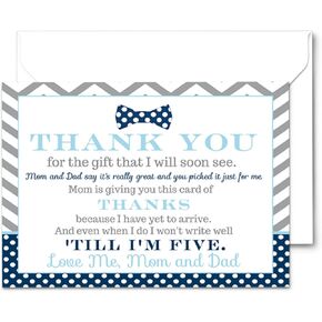 Thank You Cards Baby Shower Bow Tie (25 Pack) – Boys Baby Shower Notes with Envelopes, Prefilled Message, Customizable Personalize Blank Adventure, Baby Shower Thank You Cards with Envelopes