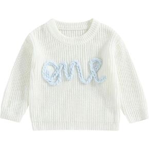First Birthday Outfit Toddler Baby Boy Girls One Birthday Embroidery One Sweater Top Knit Pullover Sweatshirt Clothes