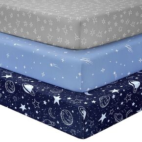 Baby Crib Sheets for Boys Girls, Fitted Crib Sheet Neutral 3 Pack for Standard Crib and Toddler Mattress, Breathable Soft Microfiber Baby Sheet 28x52x8in Blue Gray Planet