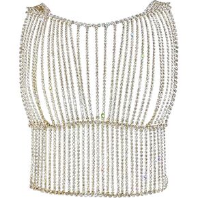 STONEFANS Rhinestone Body Chain Top Gold for Women Sexy Crystal Bikini Bra Chains Necklace Rave Party Body Jewelry