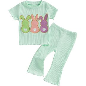 Infant Baby Girl Easter Outfit Knit Ruffle Short Sleeve Shirts with Pants Set Toddler Baby Girl Bunny Clothes