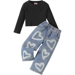 Toddler Girls Clothes 2T 3T 4T 5T Ribbed Baby Kids Girl Denim Outfits Long Sleeve Tops Love Hearts Jeans Pants