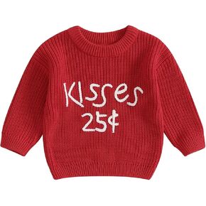 Toddler Baby Girl Valentine's Day Outfits Kisses 25 Cents Embroidery Long Sleeve Knit Sweater Pullover Spring Tops