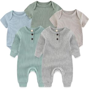 Baby Bodysuit Ribbed Romper 5-pcs Soft Unisex Boy Girl Outfit Clothes Set 0-12 momth