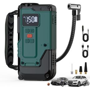 Cordless Tire Inflator Portable Air Compressor - 8000mAh & 12V DC Dual Power, 4X Faster, 150 PSI Air Pump for Car Tires, Bicycle, Motorcycle, Ball, with Pressure Gauge, LED Light, Auto Shut-Off
