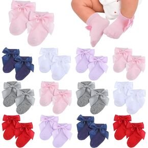 Toulite 12 Pairs Preemie Socks Baby Girls Boys Premature Ruffle Sock Preemie Turn Cuff Cotton Sock Hospital NICU for Newborn (Bowknot Style)