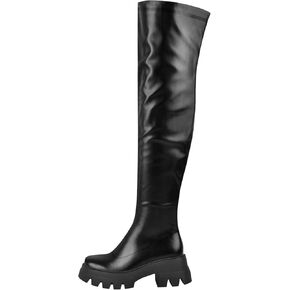 VERISSON Round Toe Low Block Heeled Thigh Boots Zip up Chunky Heels Tread Sole Fashion Booties