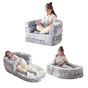 Welnow 3-in-1 Kids Toddler Travel Beds, Glow in The Dark Comfy Convertible Toddler Flip Out Travel Beds for Small Dog, Folding Kids Couch for Girl or Boy, Grey Dinosaur