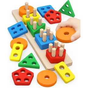 PEBIRA Montessori Toys for 1 to 3-Year-Old Boys Girls Toddlers, Wooden Sorting & Stacking Toys for Toddlers and Kids Preschool, Educational Toys, Color Recognition Shape Sorter, Learning Puzzles Gift