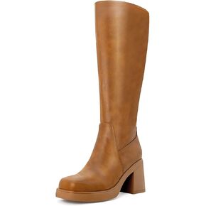 Knee High Boots for Women Square Toe Tall Boots Chunky Heeled Fashion High Boots with Side Zipper in Kuwait