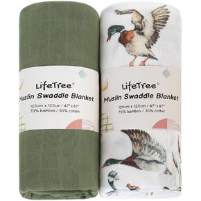 LifeTree Muslin Swaddle Blankets Neutral, Farm Animals Baby Swaddling Wrap Nursery Receiving Blanket for Boys & Girls, Soft 70% Viscose from Bamboo and 30% Cotton, Large 47 x 47 inches