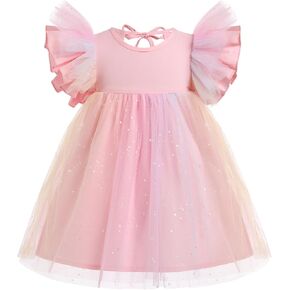 OBEEII Baby Girls Tutu Dress Flutter Sleeve Strawberry Rainbow Tulle Birthday Party Dress Boho Flower Girl Summer Sundress