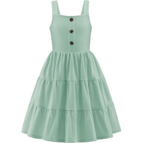 Arshiner Toddler Girl Summer Dresses Casual Sleeveless Button Down Swing Flowy Tiered Midi Sundress with Pockets