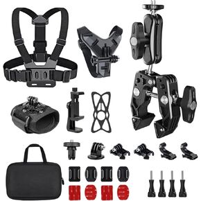 25 in 1 Action Camera Motorcycle Mount Kit, Super Clamp, Chest Strap, Helmet Chin Wrist Strap, Motorcycle Handlebar Mount Accessories for GoPro Hero 13 12 11 10 9, DJI Action 5 Pro, Insta 360