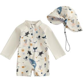 Baby Boys' Toddler Rash Guard Swimsuit Long Sleeve Sun Protection One Piece Zipper Bathing Suit with Sun Hat Beach Swimwear