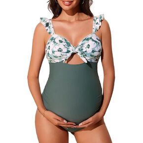 Summer Mae Ruffle Maternity Swimsuit Cutout One Piece Pregnancy Bathing Suit Tie Knot Ruched Swimwear