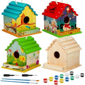 Juexica 4 Set DIY Birdhouse Kit Unfinished Bird House Painting Crafts for Kids with Paints and Paintbrushes Welcome Spring Gifts Outdoor Summer Crafts for Boy or Girl Ages 4-8