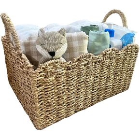 Vivika Wicker Diaper Caddy Organizer - Handmade Diaper Basket for Changing Table Organizer, Cute Woven Scalloped Basket in Premium Seagrass with Dividers and Handles, Baby Dresser Storage for Nursery
