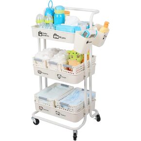Large Baby Diaper Caddy Organizer Cart Movable, 3-Tier Sturdy Newborn Nursery Essentials Storage Cart with Storages Bins, Hanging Cups and Sticker, Large Capacity Mobile Utility Cart, Easy to Assemble