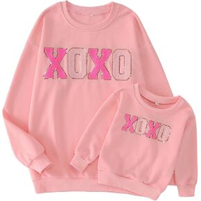 Mommy and Me Valentines Day Sweatshirts Glitter Patch XOXO Shirts Family Matching Outfits Long Sleeve Pullover Top