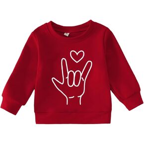 Toddler Baby Boy Girl Valentine’s Day Sweatshirt Red Love Heart Gesture Shirt Holiday Outfit Long Sleeve Tops Clothes