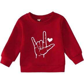 Toddler Baby Boy Girl Valentine’s Day Sweatshirt Red Love Heart Gesture Shirt Holiday Outfit Long Sleeve Tops Clothes