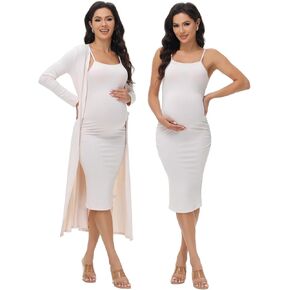 JustVH Women's Maternity 2 Piece Outfits Dress Cardigan Long Sleeve Pregnancy Photography Dress for Photoshoot Baby Shower