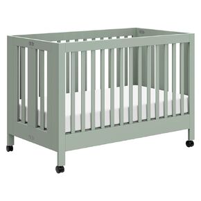 Babyletto Maki Full-Size 2-in-1 Portable Folding Crib with Toddler Bed Conversion Kit in Light Sage, Greenguard Gold Certified